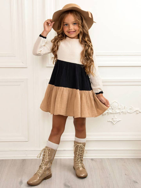 Neutral Colorblock Long Sleeve Tiered Dress