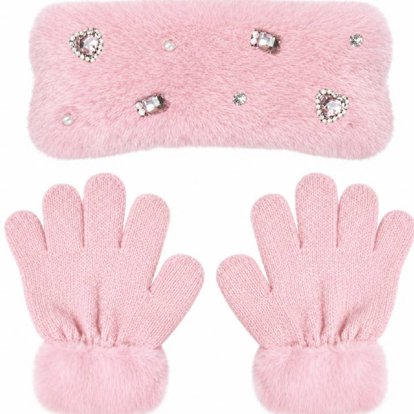 Rhinestone Headband & Gloves Plush Winter Glam Set