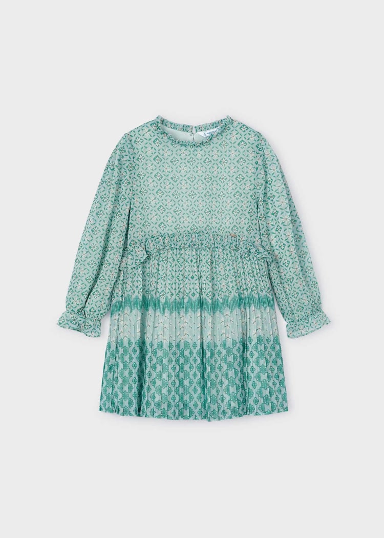 Chiffon Print Pleated Dress-Jade