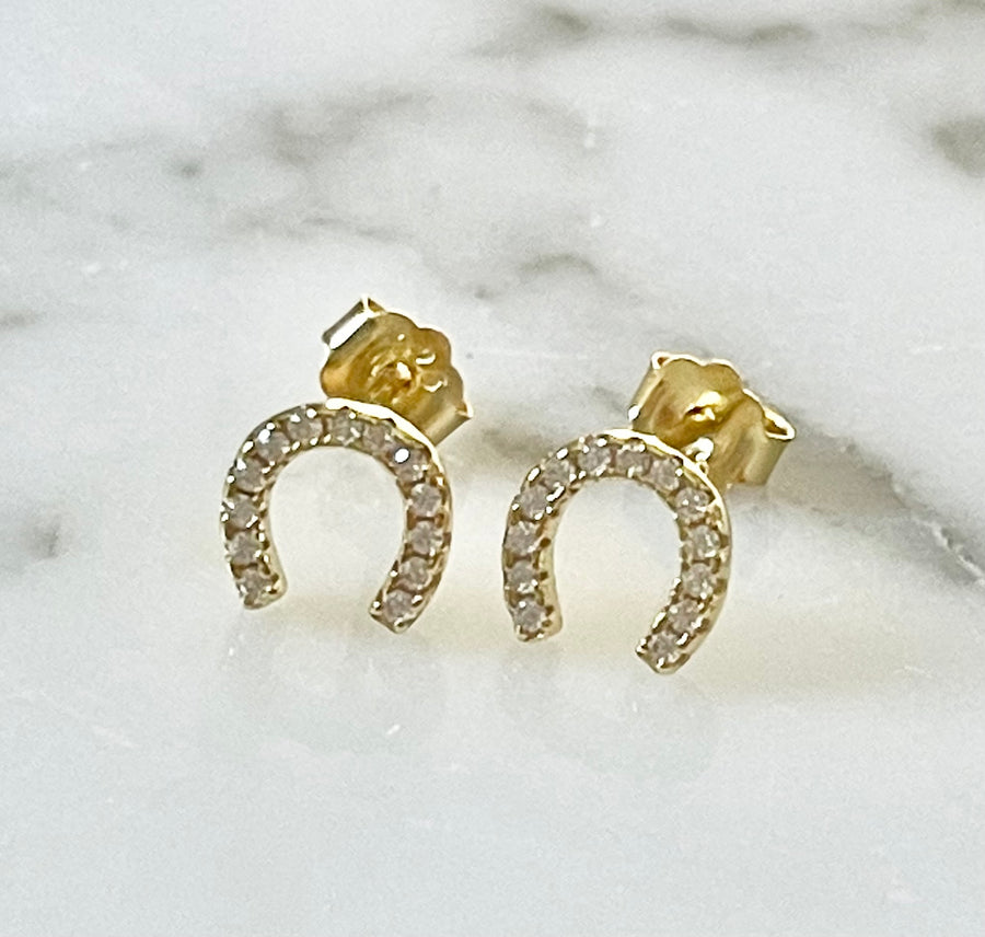 LUCKY HORSE SHOE CZ EARRINGS STERLING SILVER GOLD PLATED