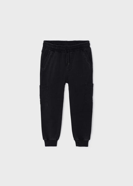 Knitted Denim Fleece Cargo Joggers-Black