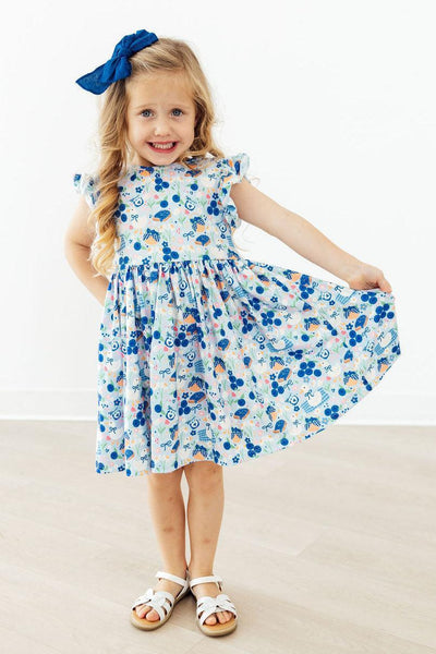 Blueberry Picnic Flutter Sleeve Twirl Dress