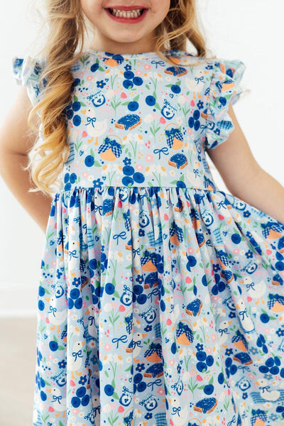 Blueberry Picnic Flutter Sleeve Twirl Dress
