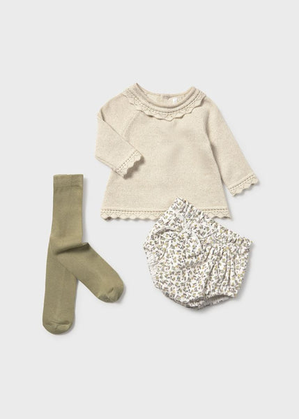 Sweater and Olive Print Bloomer Set with Tights