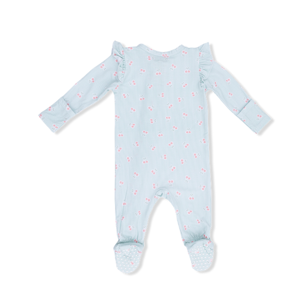 2 Way Ruffle Sleeve Zipper Footie - Tiny Cherry Stripe
