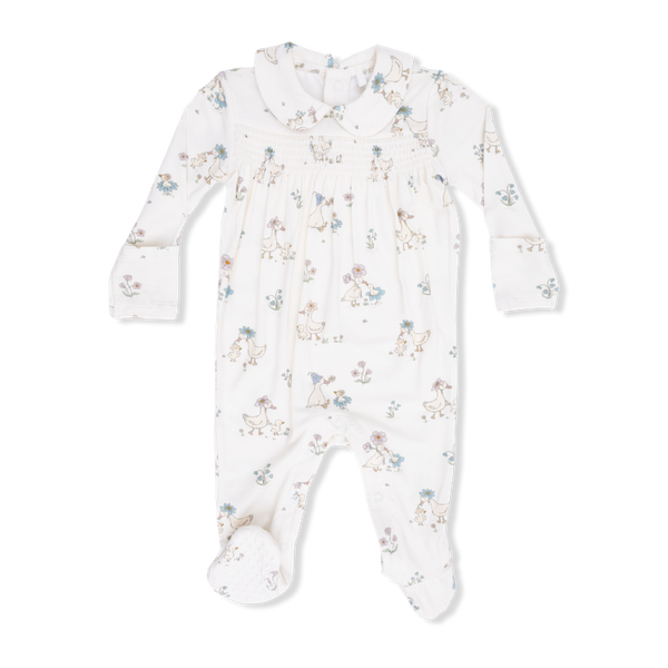 Smocked Peter Pan Snap Footie - Flower Ducklings