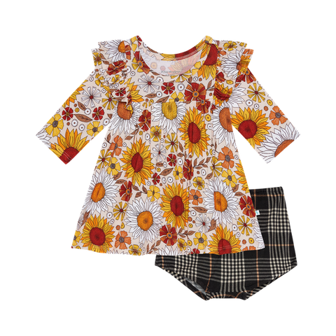 Goldie 3/4 Sleeve Flutter Dress & Bloomer Set