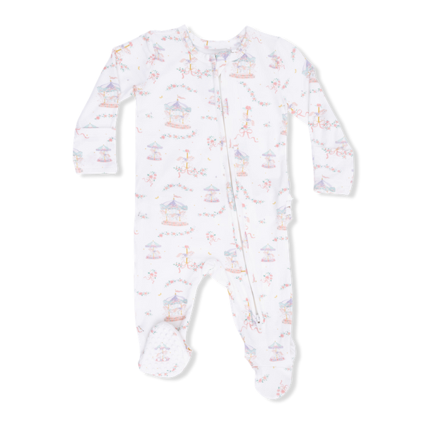 2 Way Ruffle Back Zipper Footie - Carousel w/Bows