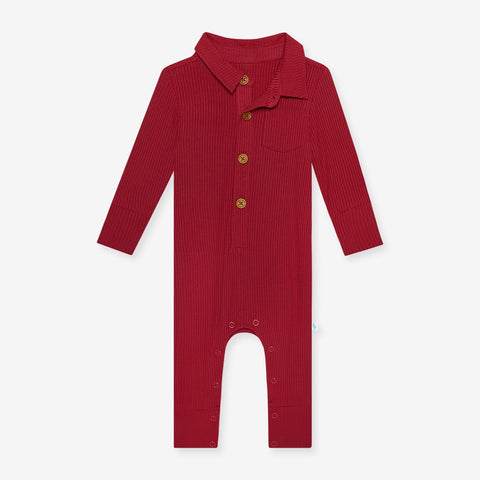 Dark Red Ribbed Henley Collared Romper