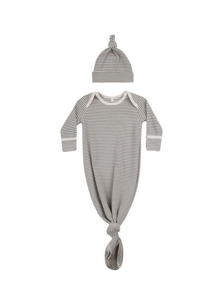 Knotted Baby Gown+Hat Set-Lagoon Micro Stripe