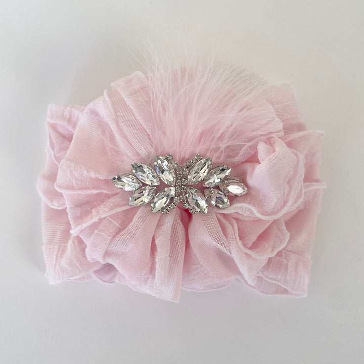Fancy Ruffle Headband- Perfect Pink with Feather & Rhinestone