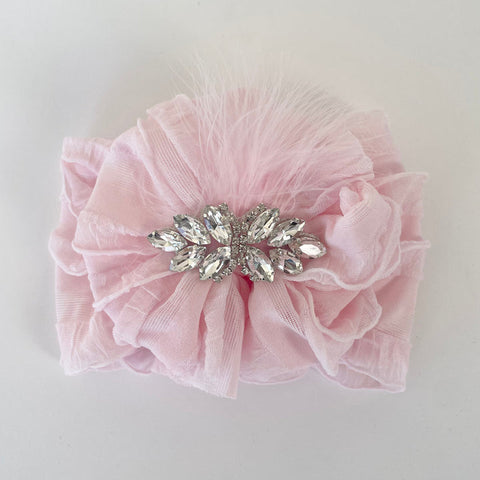 Fancy Ruffle Headband- Perfect Pink with Feather & Rhinestone