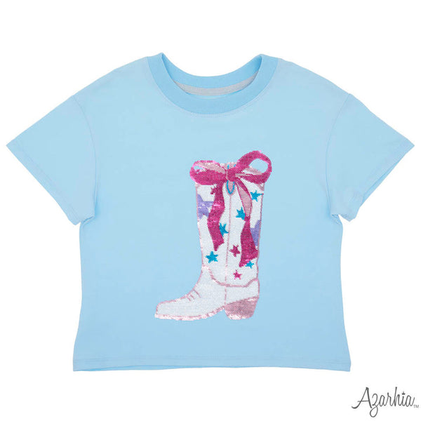 Light Blue Boxy Rodeo Sequin Bow Boot Tee