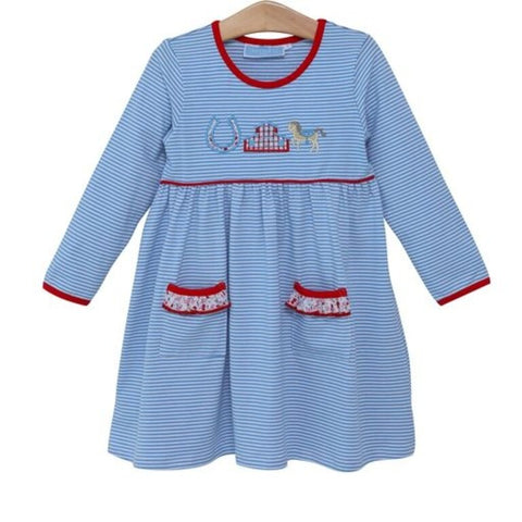 BLUE STRIPED HORSE AND STABLE APPLIQUE DRESS
