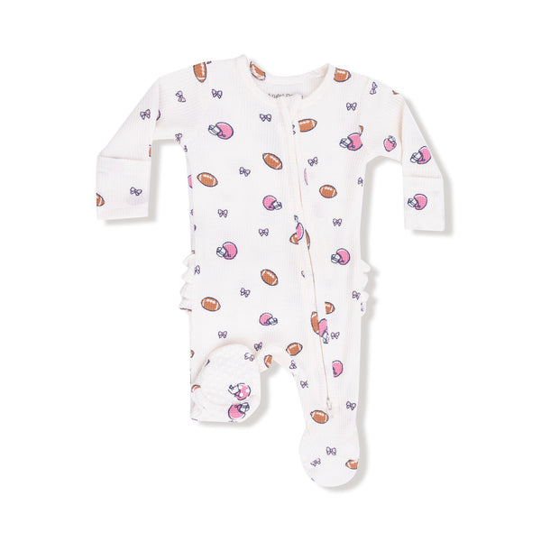 Footballs and Bows - 2 Way Zipper Ruffle Back Footie