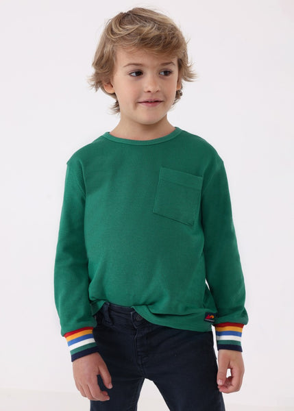 Waffle Knit T-Shirt Multicolor Cuffs-Green