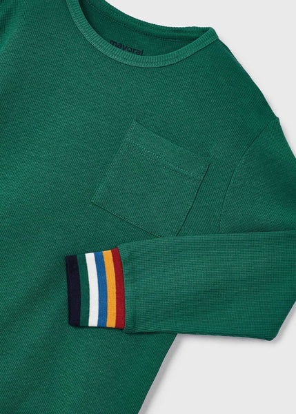 Waffle Knit T-Shirt Multicolor Cuffs-Green