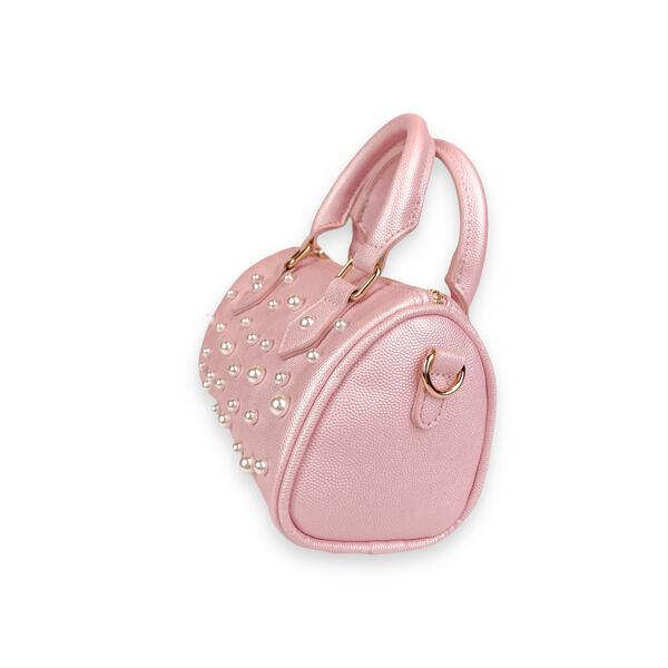 Pearl Studs Pink Leather Barrel Bag