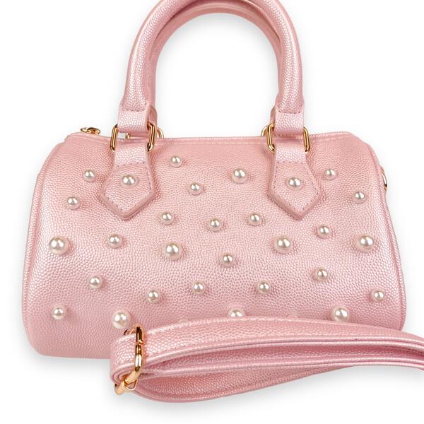 Pearl Studs Pink Leather Barrel Bag