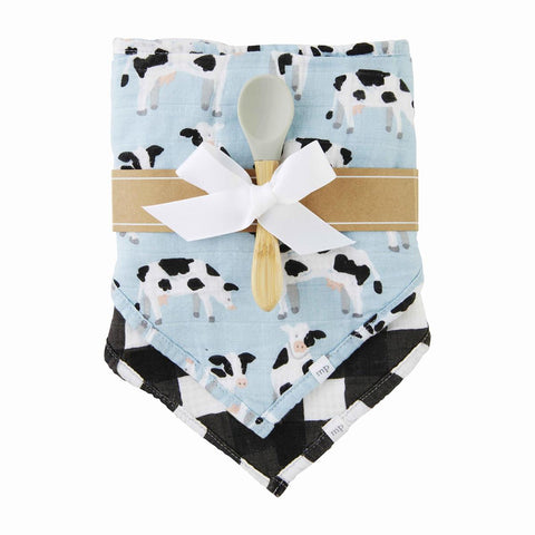 Set Of Two- Cow Muslin Bibs & Silicone Spoon