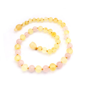 Amber Teething Necklace- Raw Lemon & Rose Quartz - 1057