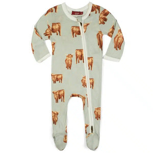 Highland Cow Bamboo Zipper Footed Romper