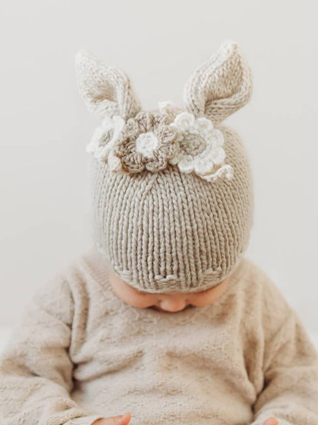 Flower Bunny Knit Beanie-Oatmeal