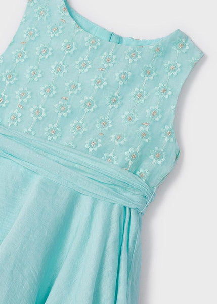 Embroidered Motif Ruffled Dress-Aqua