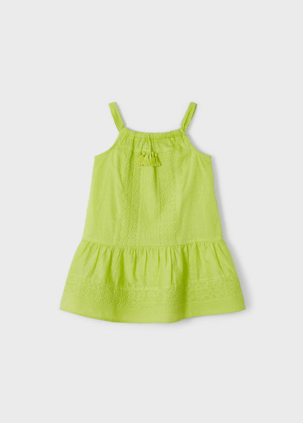 Embroidered Motif Strap Cotton Dress-Lime