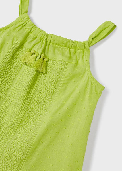 Embroidered Motif Strap Cotton Dress-Lime