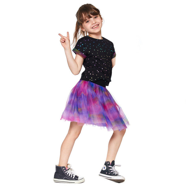 Printed Short Sleeve Dress With Tulle Skirt Black & Multicolor Waves