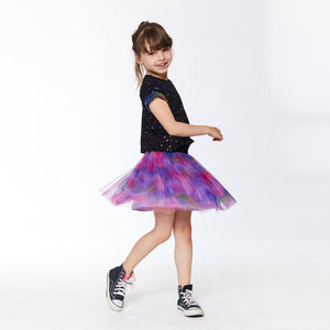 Printed Short Sleeve Dress With Tulle Skirt Black & Multicolor Waves