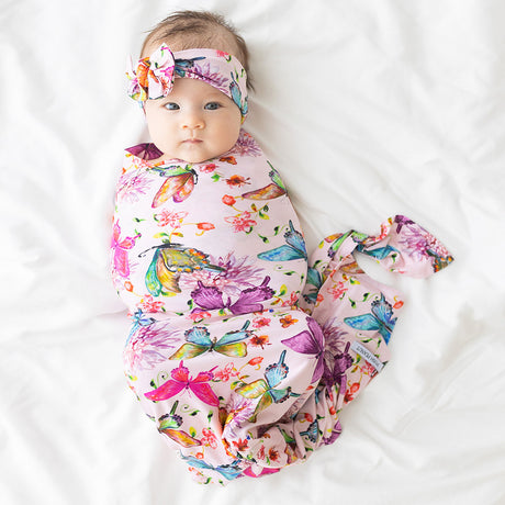Watercolor Butterfly Infant Swaddle & Headwrap Set