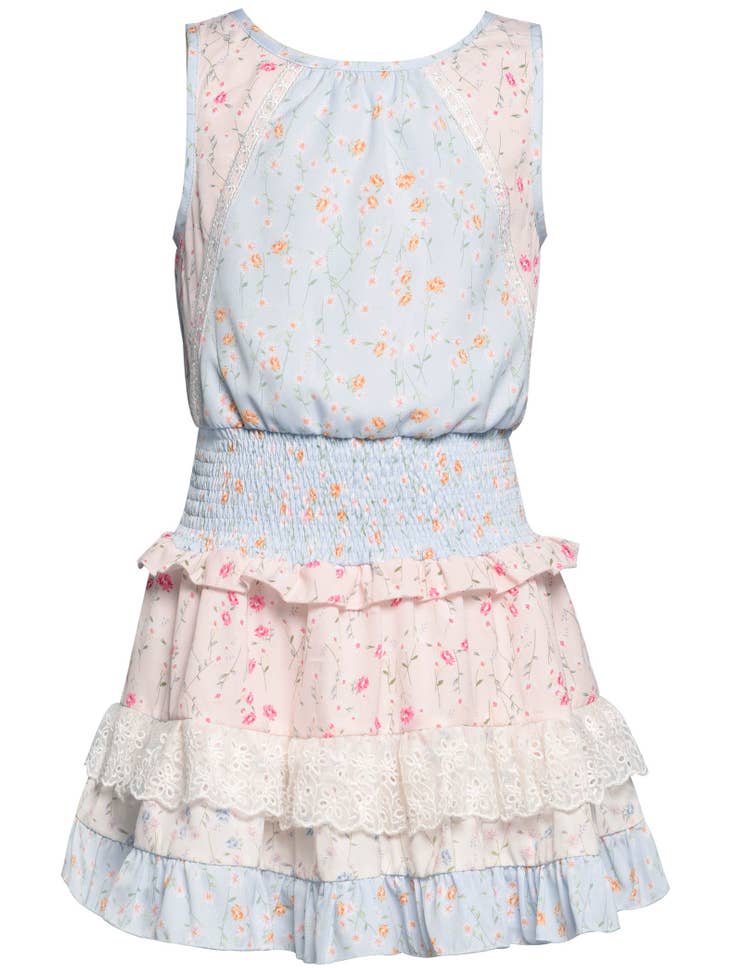 Printed Dress W/ Smocked Waist And Lace Trim Ruffle