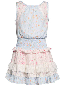 Printed Dress W/ Smocked Waist And Lace Trim Ruffle