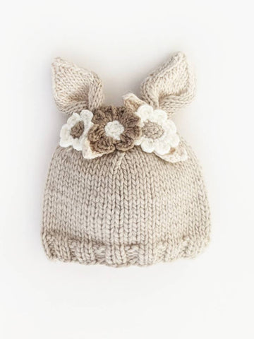 Flower Bunny Knit Beanie-Oatmeal