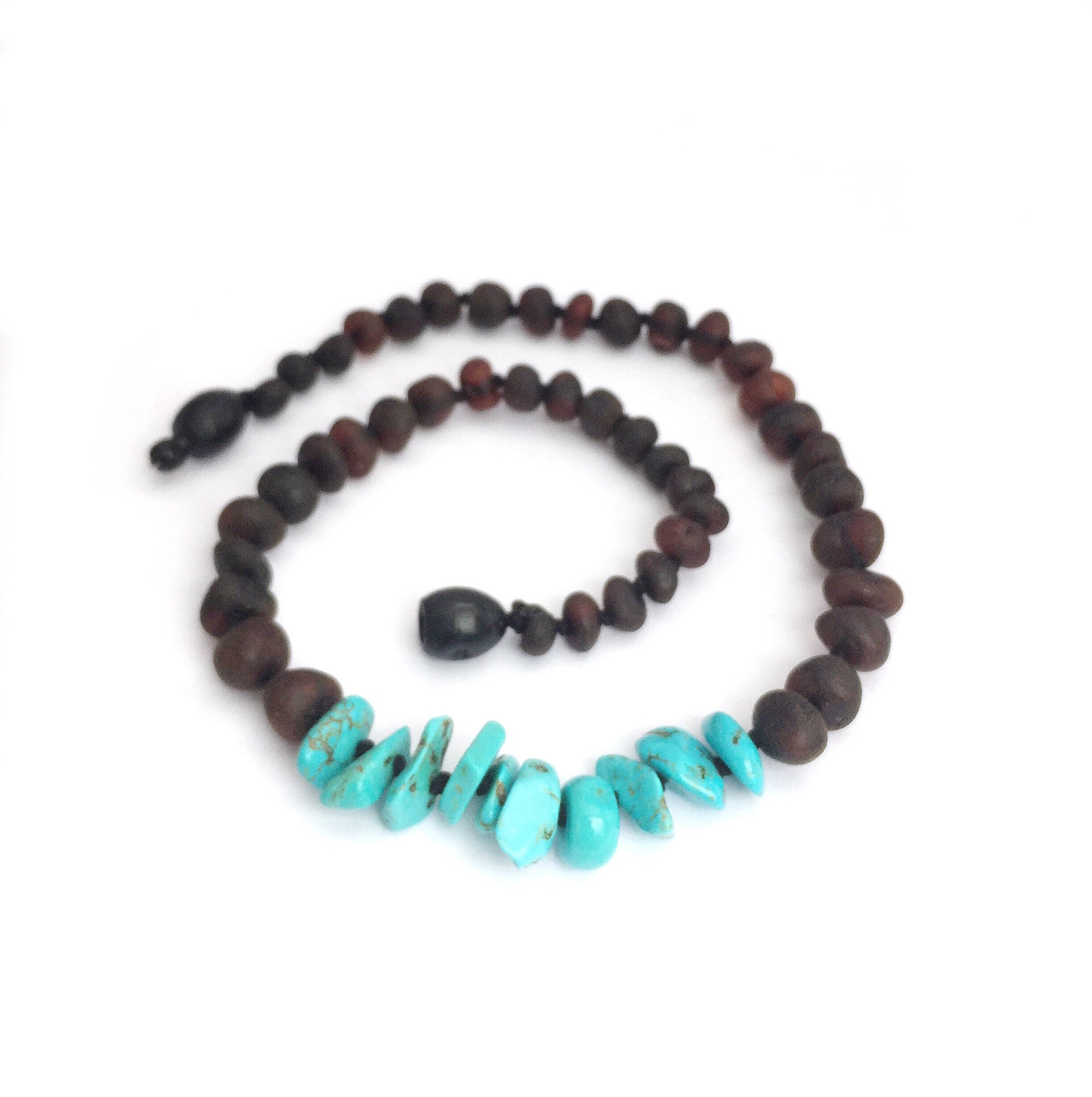Amber Teething Necklace- Raw Cherry & Turquoise -1054