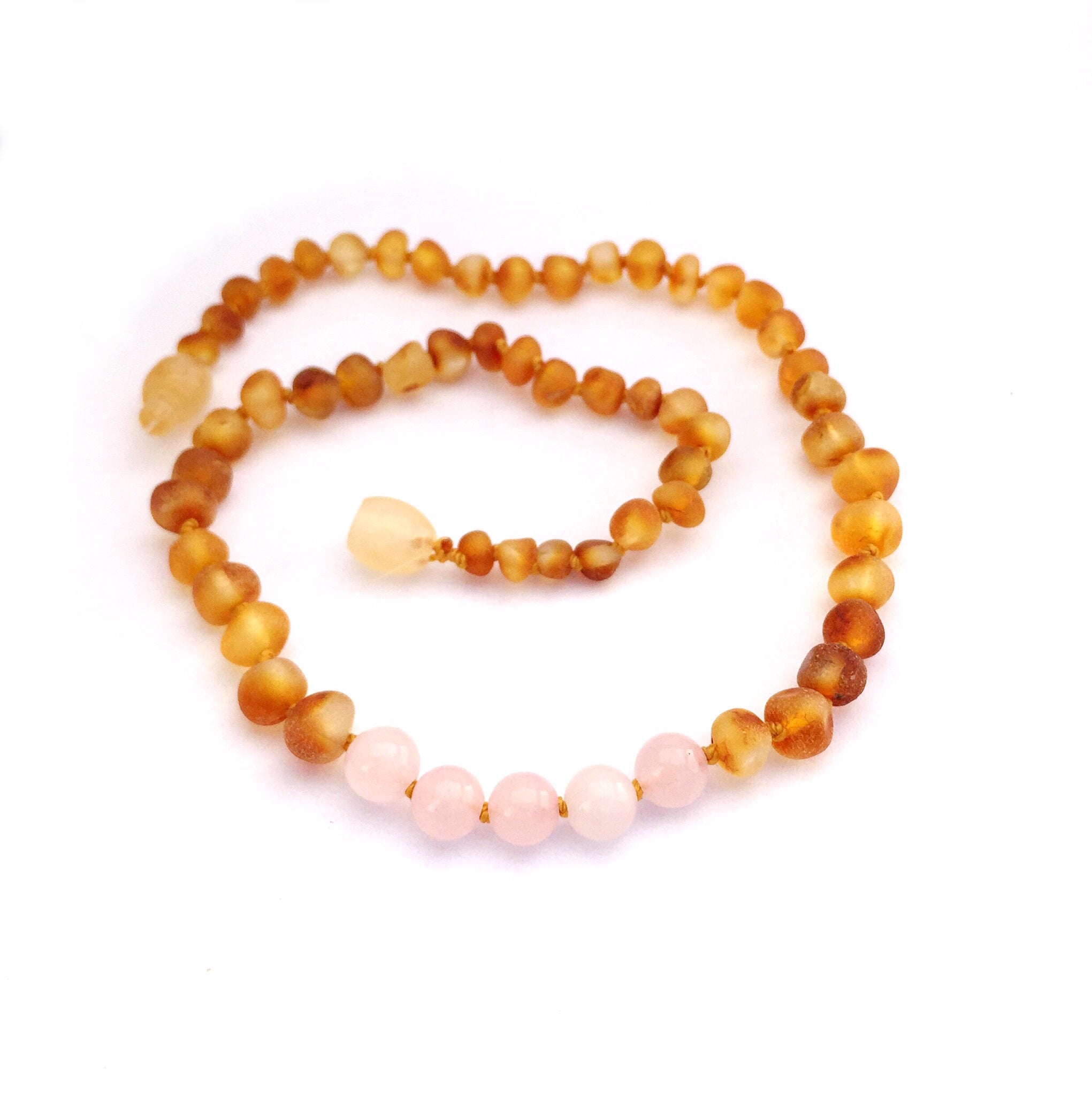 Amber Teething Necklace-  Raw Honey & Rose Quartz