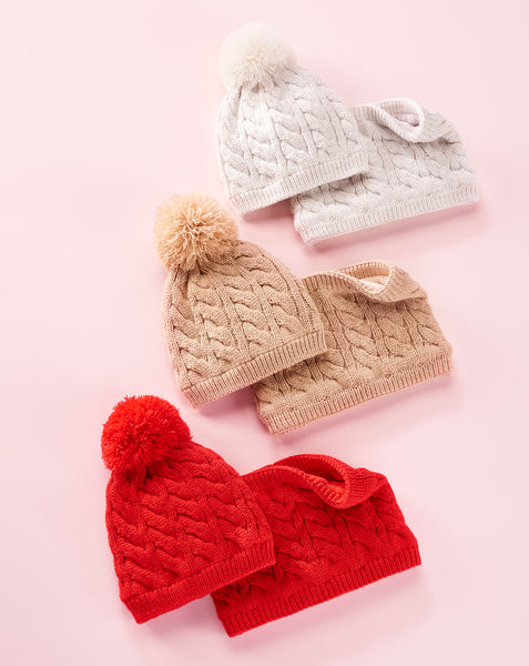 Sherpa Lined Cable Knit Winter Hat/Scarf Set