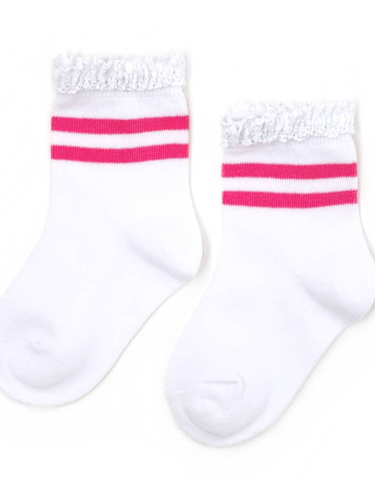 White/Hot Pink Striped Lace Midi Sock
