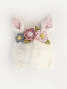 Flower Bunny Knit Beanie-White