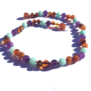 Amber Teething Necklace- Bluebell (Baltic Amber, Amazonite, & Amethyst)  - 1060