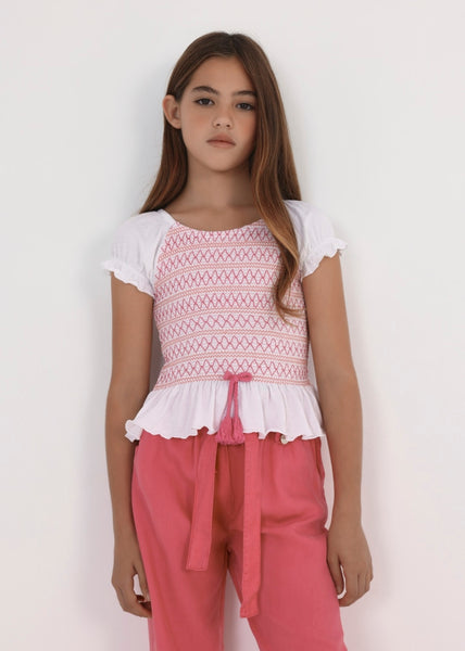 Smocked Pink & White Top